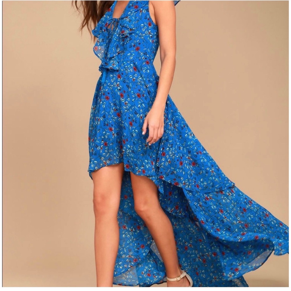 Lulus Floral High-Low Maxi Dress Blue Ruffle Tiered NWT